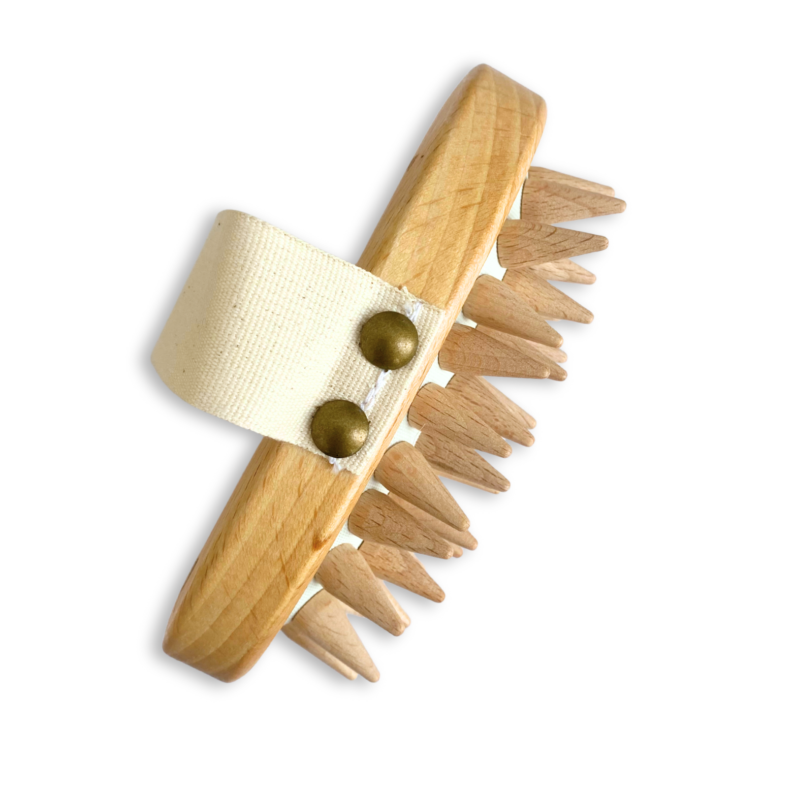 Wooden comb with metal buttons on a white background