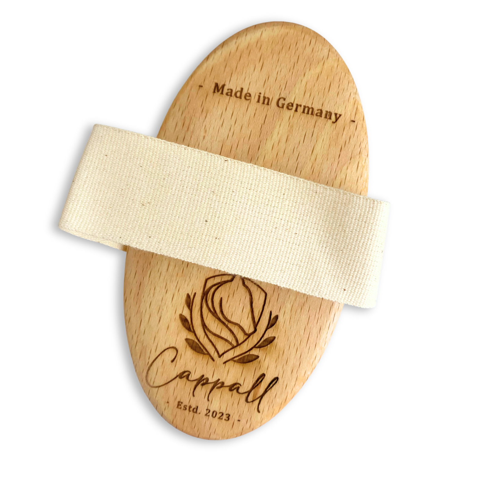 Wooden massagebrush for horses with a natural band, featuring 'Made in Germany' and 'Cappall' branding.